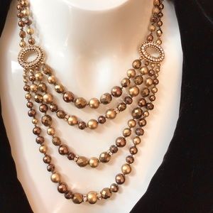 Vintage Monet 4 Strand Bronze or Gold Pearl Bead and Crystal Necklace